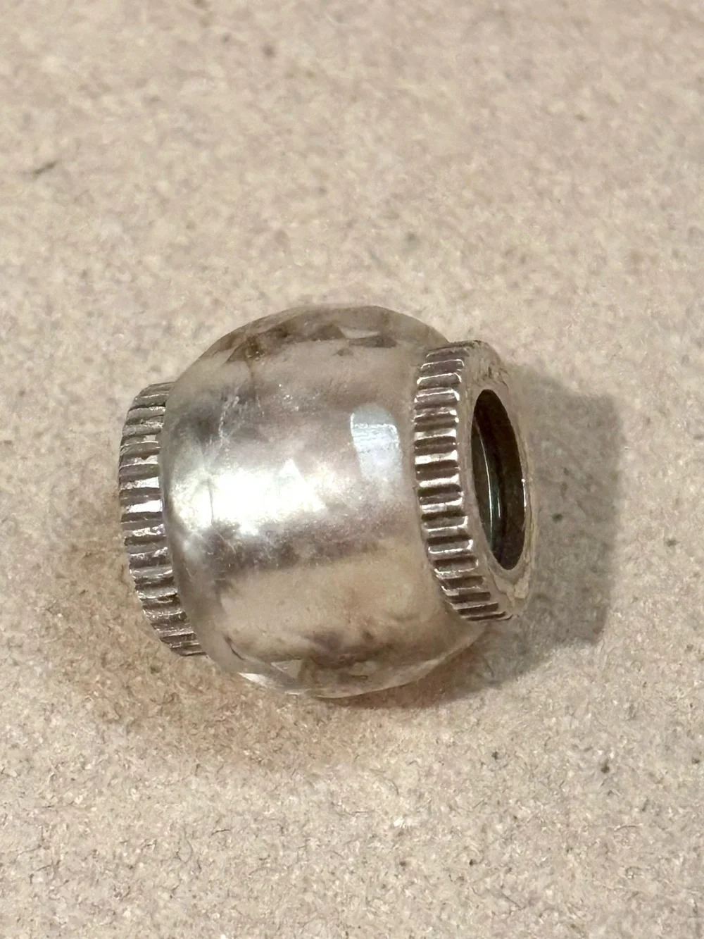 Brighton Glass bead in Marble Milky white with black swirls Silver edges Retired